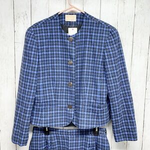 Vintage Pendleton Skirt Suit Set Women Large Blue Houndstooth Wool Blazer Retro